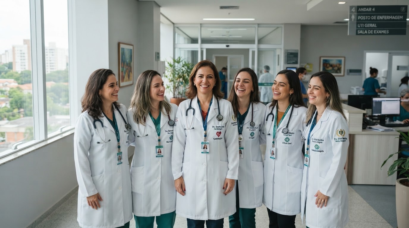 Médicos reunidos em contexto acadêmico internacional