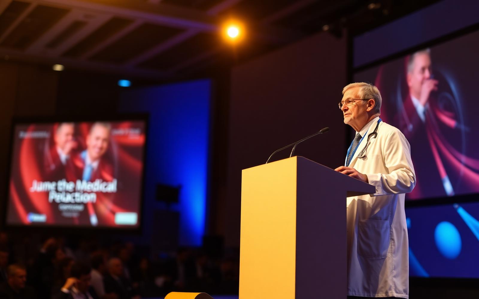 Médica apresentando em ambiente de congresso