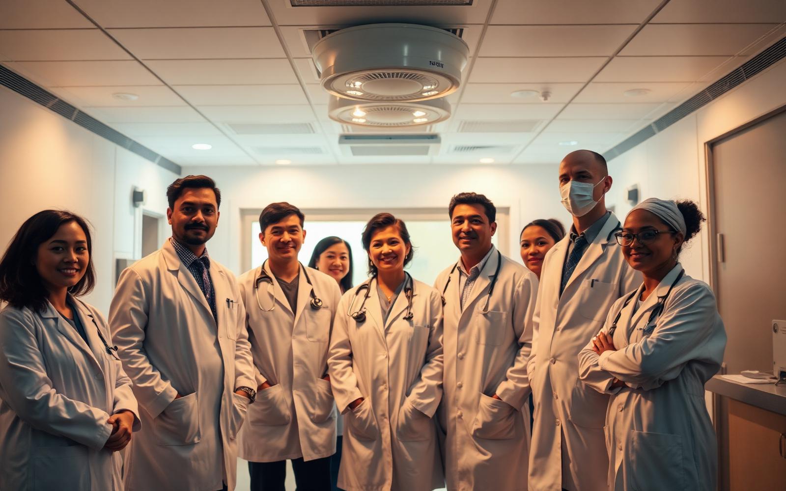Médicos de diferentes especialidades em contextos profissionais e acadêmicos